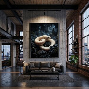 Könnte beinhalten: Gerahmtes Kunstwerk mit einer cremefarbenen Schlange, die sich auf dunklen Felsen windet, vor dem Hintergrund einer dunklen Höhle. Das Kunstwerk hängt in einem modernen Wohnzimmer über einem dunkelgrauen Sofa mit Fenstern.