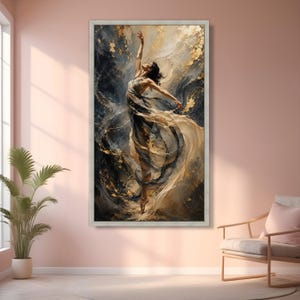 Elegant Dance Movement Canvas, Abstract Woman Art, Flowing Fabric Wall Art, Gold Accent Painting, Modern Ballet Canvas Decoration image 6