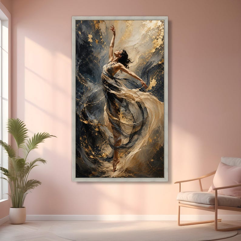 Elegant Dance Movement Canvas, Abstract Woman Art, Flowing Fabric Wall Art, Gold Accent Painting, Modern Ballet Canvas Decoration image 6