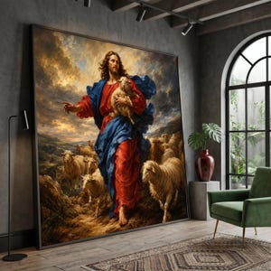 Könnte beinhalten: Ein großer gerahmter Wandkunstdruck, der eine bärtige Figur in einer roten Tunika und einem blauen Umhang zeigt, die ein kleines Lamm hält, umgeben von einer Schafherde in einer hügeligen Landschaft unter einem dramatischen, bewölkten Himmel.