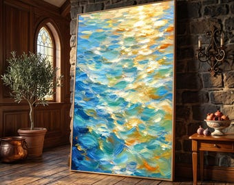 Abstract Ocean Waves Canvas Wall Art, Textured Sea Painting, Coastal Blue and Gold Decor, Modern Seascape Canvas, Beach House Wall Art
