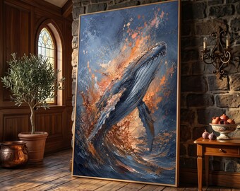 Majestic Blue Whale Canvas Wall Art, Abstract Ocean Splash Painting, Marine Life Home Decor, Textured Sea Creature Canvas, Nautical Wall Art
