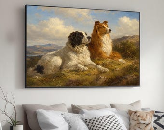 Majestic Dogs in Nature Landscape Canvas, Realistic Pet Portrait Wall Art, Scenic Outdoor Canvas, Rustic Home Decoration, Ready to Hang
