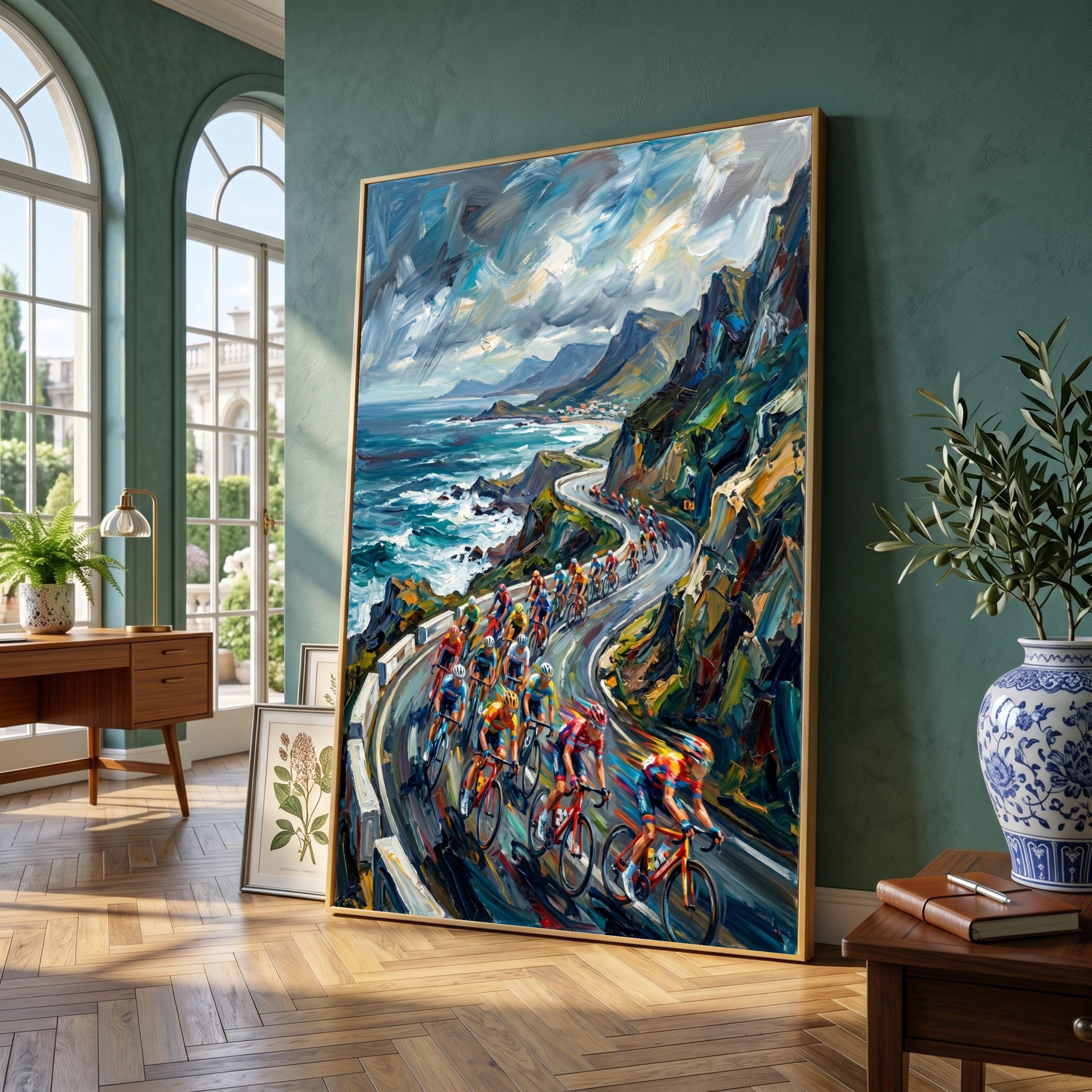 Coastal Mountain Bike Race Canvas, Cyclist Group Ride Wall Art, Dynamic Sports Landscape Painting, Outdoor Adventure Decor