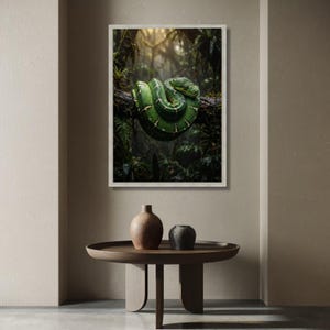 Vibrerande grön pytonorm-canvas, exotisk djungeldjursväggkonst, tropisk regnskogsdekor, naturvilda djur canvastavla, redo att hängas