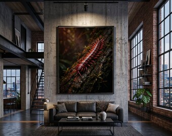 Close-Up Red Centipede Canvas Wall Art, Macro Insect Photography, Nature Detail Canvas, Forest Floor Decor, Insect Life Canvas Print