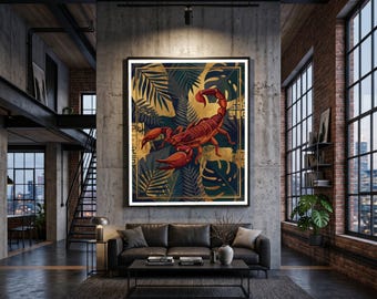 Bold Scorpion Canvas Wall Art, Tropical Jungle Leaves, Abstract Nature Decor, Modern Animal Illustration, Ready to Hang Canvas