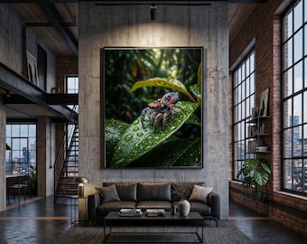 Colorful Peacock Spider Canvas, Macro Nature Photography, Insect Wall Art, Vibrant Bug Print, Green Leaf Decor, Home Wall Canvas