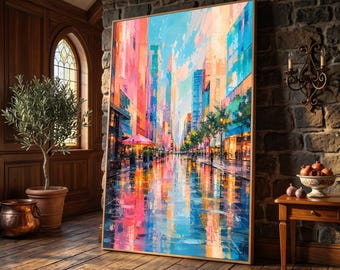 Vibrant Cityscape Reflection Canvas, Urban Street Scene Wall Art, Colorful Downtown Landscape, Modern City View Canvas, Contemporary Home
