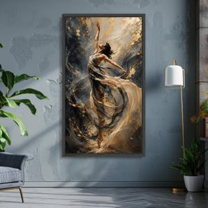 Elegant Dance Movement Canvas, Abstract Woman Art, Flowing Fabric Wall Art, Gold Accent Painting, Modern Ballet Canvas Decoration image 4