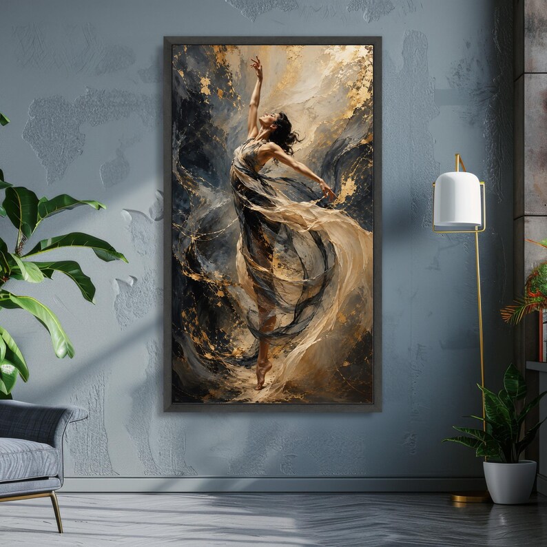 Elegant Dance Movement Canvas, Abstract Woman Art, Flowing Fabric Wall Art, Gold Accent Painting, Modern Ballet Canvas Decoration image 4