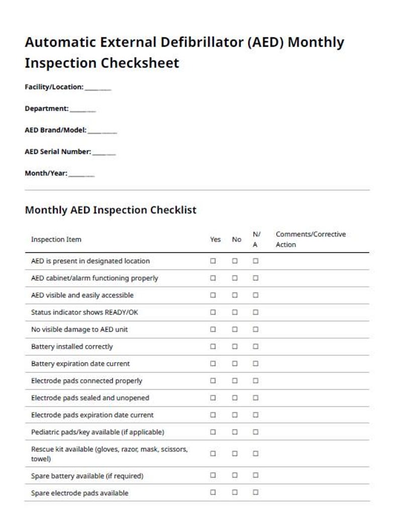 AED Monthly Inspection Form - Etsy
