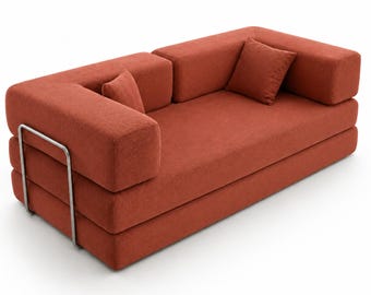 Rust Corduroy Sofa Bed, Modular Floor Sofa, Convertible Couch, Terracotta Lounge Sofa, Custom Made Living Room Furniture