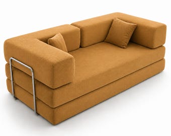 Mustard Corduroy Sofa Bed, Modular Floor Sofa, Convertible Couch, Custom Made Lounge Sofa, Modern Living Room Furniture
