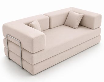 Cream Corduroy Sofa Bed, Modular Floor Sofa, Convertible Couch, Modern Lounge Seating, Custom Made Living Room Furniture