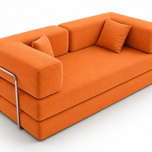 Orange Corduroy Sofa Bed, Modular Floor Sofa, Convertible Couch, Modern Lounge Seating, Custom Made Living Room Furniture