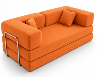 Orange Corduroy Sofa Bed, Modular Floor Sofa, Convertible Couch, Modern Lounge Seating, Custom Made Living Room Furniture