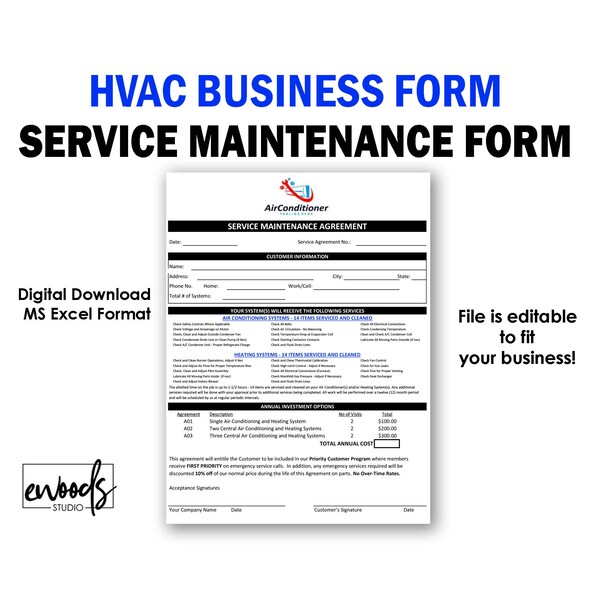 Small Business Excel, HVAC Service Maintenance Agreement Form, A/C Service Plan Template, Air Conditioning Service Form, Digital File