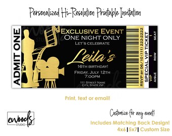 Ticket Invitation, Hollywood Party, Gold Movie Party, Ticket Party, Ticket Invite, Birthday Invitation, Gold Foil Invitation, Digital File