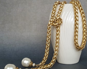 Baroque Pearl Lariat Necklace: Satin Gold Rope Chain, Vintage Haskell Pearls