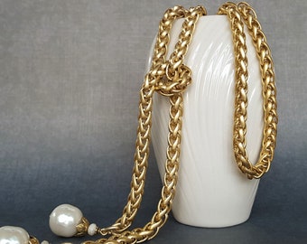 Baroque Pearl Lariat Necklace: Satin Gold Rope Chain, Vintage Haskell Pearls