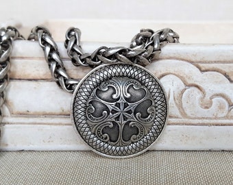Silver Medallion Necklace, Chunky Pendant Necklace, Ornate Metal Button Jewelry, Large Medallion Jewelry veryDonna