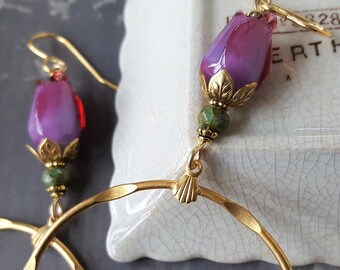 Gold Hoop Earrings, Colorful Tulip Earrings, Earrings with Flowers, Lampwork Earrings, MOM Gifts, Gifts for Her, Flower Jewelry veryDonna