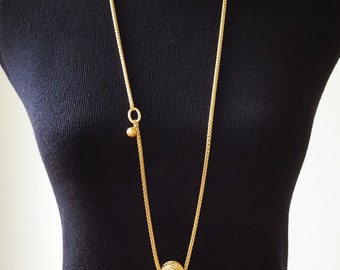 Long Gold Ball Necklace: Minimalist Jewelry, Fluted Orb Pendant