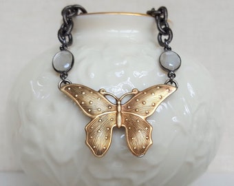 Butterfly Necklace, Nature Lover Gifts, Butterfly Pendant, Lepidoptera, Insect Jewelry, Moonstone, Gold and Gunmetal Jewelry, veryDonna
