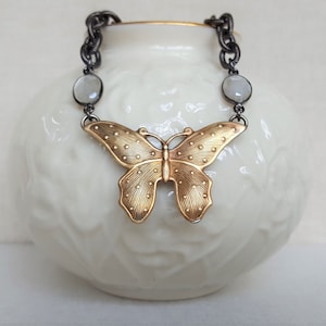 Butterfly Necklace, Nature Lover Gifts, Butterfly Pendant, Lepidoptera, Insect Jewelry, Moonstone, Gold and Gunmetal Jewelry, veryDonna