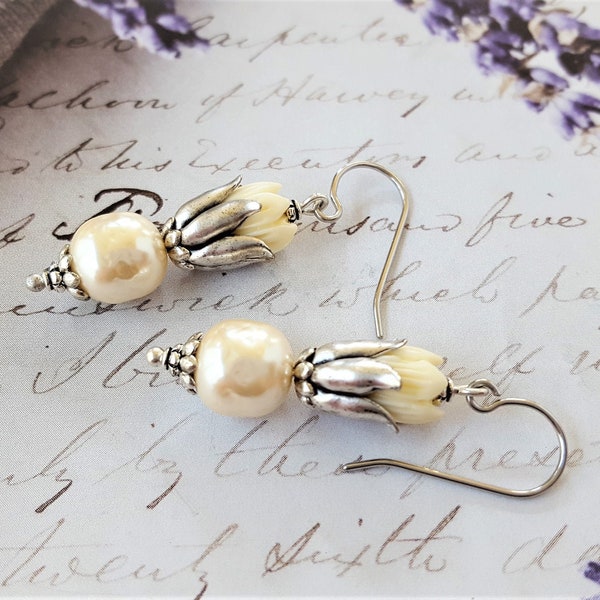 Carved Tulip and Baroque Pearl Earrings, Birthday Gifts, Spring Flowers, Baroque Pearls, Gifts under 40, upcycled Jewelry veryDonna