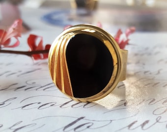 Antique Black Glass Statement Ring, Gold and Black Ring, Under 40 Gifts for Her, Black Jewelry, upcycled Antique Button Jewelry veryDonna