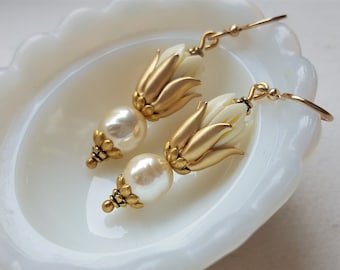 Carved Tulip and Baroque Pearl Earrings, Birthday Gifts, Spring Flowers, Baroque Pearls, Gifts under 40, upcycled Jewelry veryDonna
