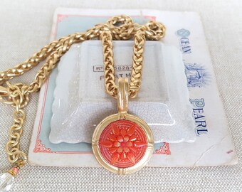 Stunning Coral Glass and Gold Necklace, AA Quality vintage Czech Glass Pendant, Summer Jewelry, Chunky Chain Necklace, Jewelry veryDonna