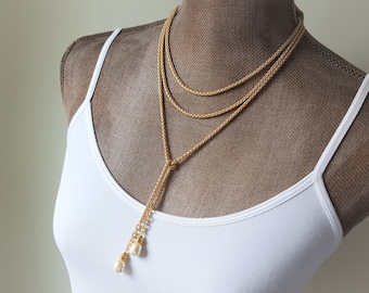 Baroque Pearl Lariat Necklace: Gold Rope Chain Wrap, 62" Long