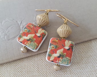 MELINA- Delicate French Floral and Bird Motif Porcelain Earrings, Birthday Gifts for Her, Coral and Pale Yellow Floral, Jewelry veryDonna