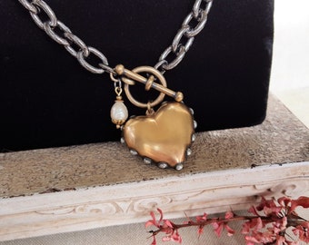 Chunky Gold Heart Necklace, Valentines Day Gift for Her, Love Token, Love Gifts, Gunmetal Toggle Necklace, Artisan Heart Pendant, veryDonna