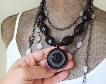 CHUNKY Black Bakelite Necklace, Mourning Jewelry, Queen Victoria, Obsidian, Black Statement Necklace, Chunky Bakelite Jewelry veryDonna