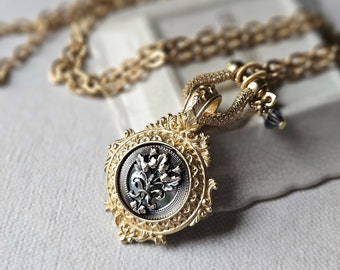 Long Crest Medallion Necklace, Antique Button Necklace, Long Necklace with Pave, Historical Victorian, Antique Button Jewelry veryDonna