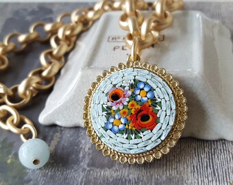 Antique Micro Mosaic Floral Necklace, Heirloom Jewelry, Colorful Floral Necklace, Victorian Costume, OOAK,Upcycled Antique Jewelry veryDonna