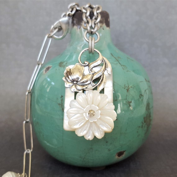 Antique Mother of Pearl Necklace, Carved Pearl Necklace, Silver and Pearl Jewelry, Gifts for Her, Antique Upcycled Jewelry veryDonna