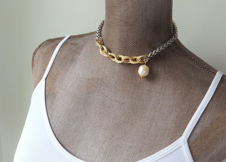 Gold /& Silver Rope Chain Necklace Vintage Glass Pearls Upcycled Jewelry veryDonna Choker Chain Style Baroque Pearl Necklace