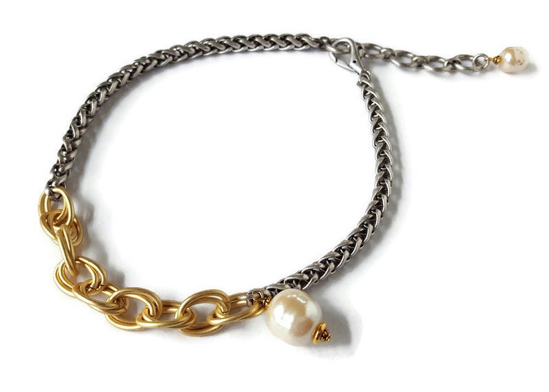 Gold /& Silver Rope Chain Necklace Vintage Glass Pearls Upcycled Jewelry veryDonna Choker Chain Style Baroque Pearl Necklace