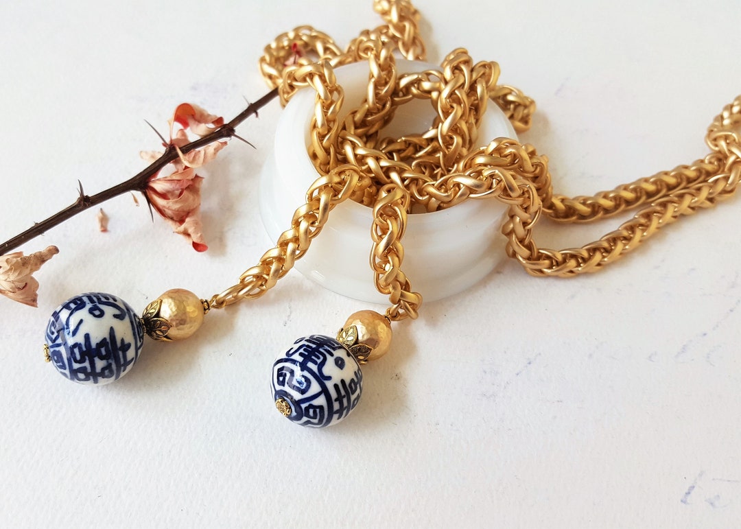 Gold Rope Chain Wrap Necklace Chinoiserie Porcelain Bead Etsy