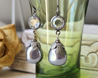 Vintage Faceted Crystal and Swarovski Pearl Earrings, Grey Pearl Earrings, Gifts under 50, Grey Pearl Drop Earrings, veryDonna