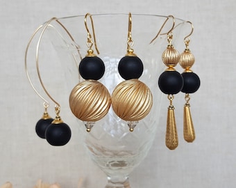 Black Onyx and Gold Earrings, You Choose, Gold Ball Earrings, Gold and Black Earrings, Cocktail Earring, Classic Style Jewelry, veryDonna