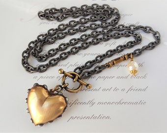 Big Love, Gunmetal and Gold Heart Necklace LONG, Love Token, Anniversary gifts, Baroque Pearl, Artisan Heart Pendant, veryDonna