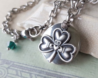Stainless Steel Claddagh Shamrock Necklace, Irish Love Token, Celtic Jewelry