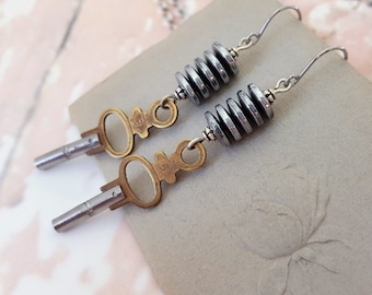 Pocket Watch Key Earrings: Two-Tone Hematite Boho Jewelry