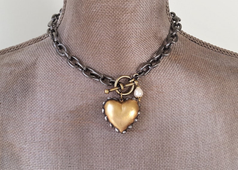 Chunky Gold Heart Choker, Love Token, Heart Necklace, Love Gift, shops Gunmetal Toggle Necklace, Artisan Heart Pendant, veryDonna